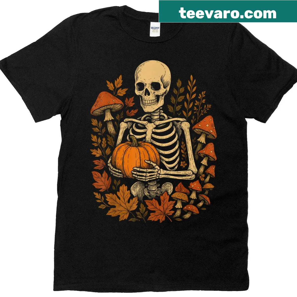Vintage-style T-shirt with floral, mushroom, skeleton, and pumpkin designs. — on a men's t-shirt