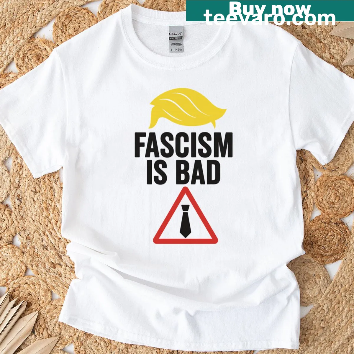 Warning sign graphic t-shirt stating 'Fascism Is Bad' — on a men's t-shirt