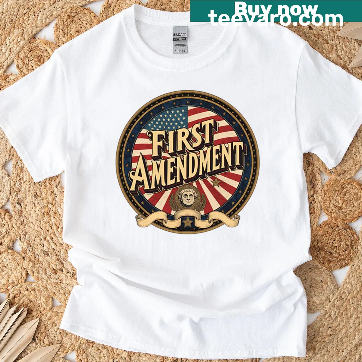 Vintage patriotic t-shirt with First Amendment emblem design — on a men's t-shirt