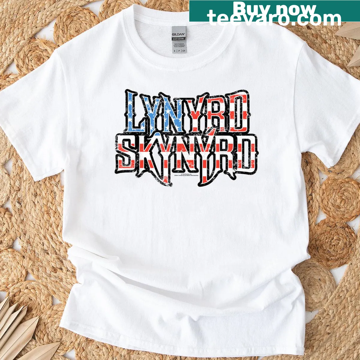 Classic flag logo T-shirt featuring stars and stripes design — on a men's t-shirt
