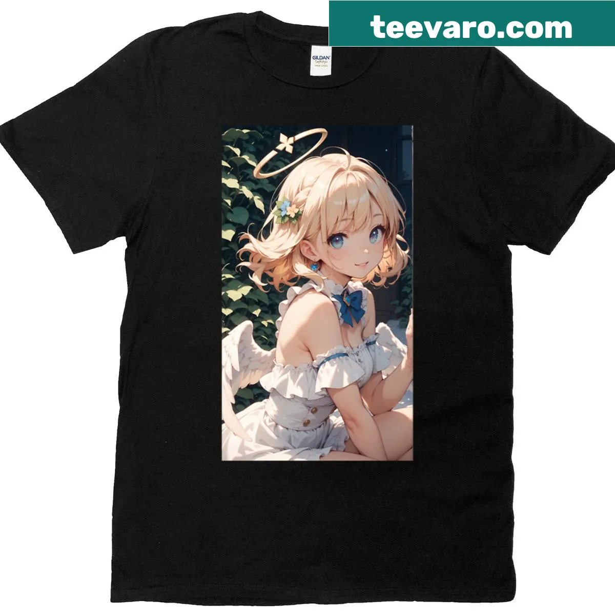 Illustrated T-shirt featuring an angel and nature elements — on a men's t-shirt