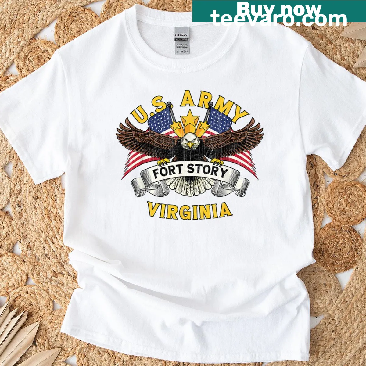 Vintage military base t-shirt for Fort Story, Virginia — on a men's t-shirt