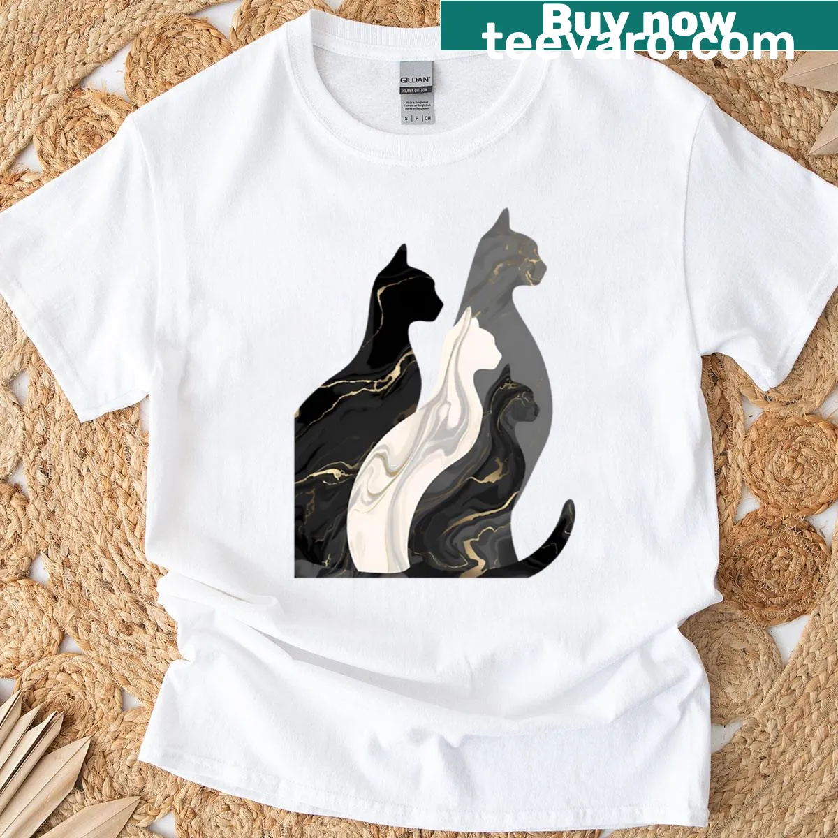 Illustration of four marbled cats on T-shirt — on a men's t-shirt
