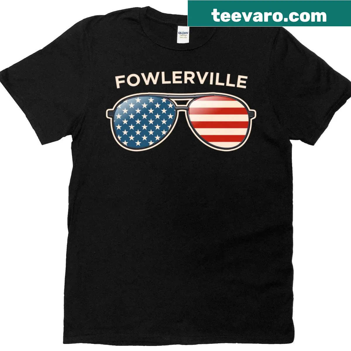 Vintage t-shirt with US flag sunglasses design — on a men's t-shirt