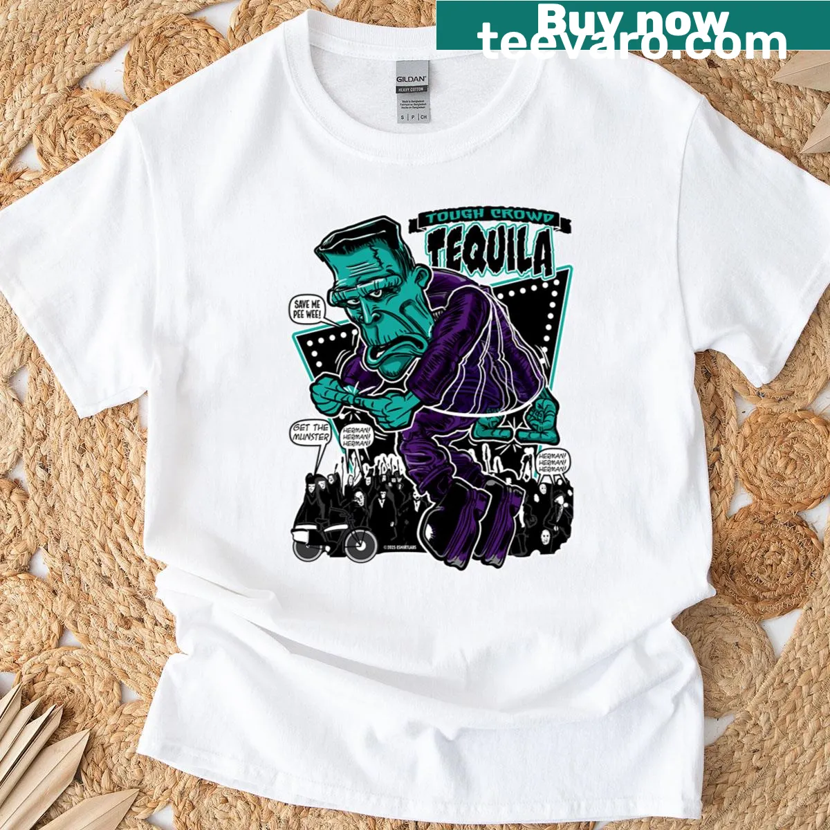 Playful T-shirt featuring Frankenstein Munster and tequila theme — on a men's t-shirt