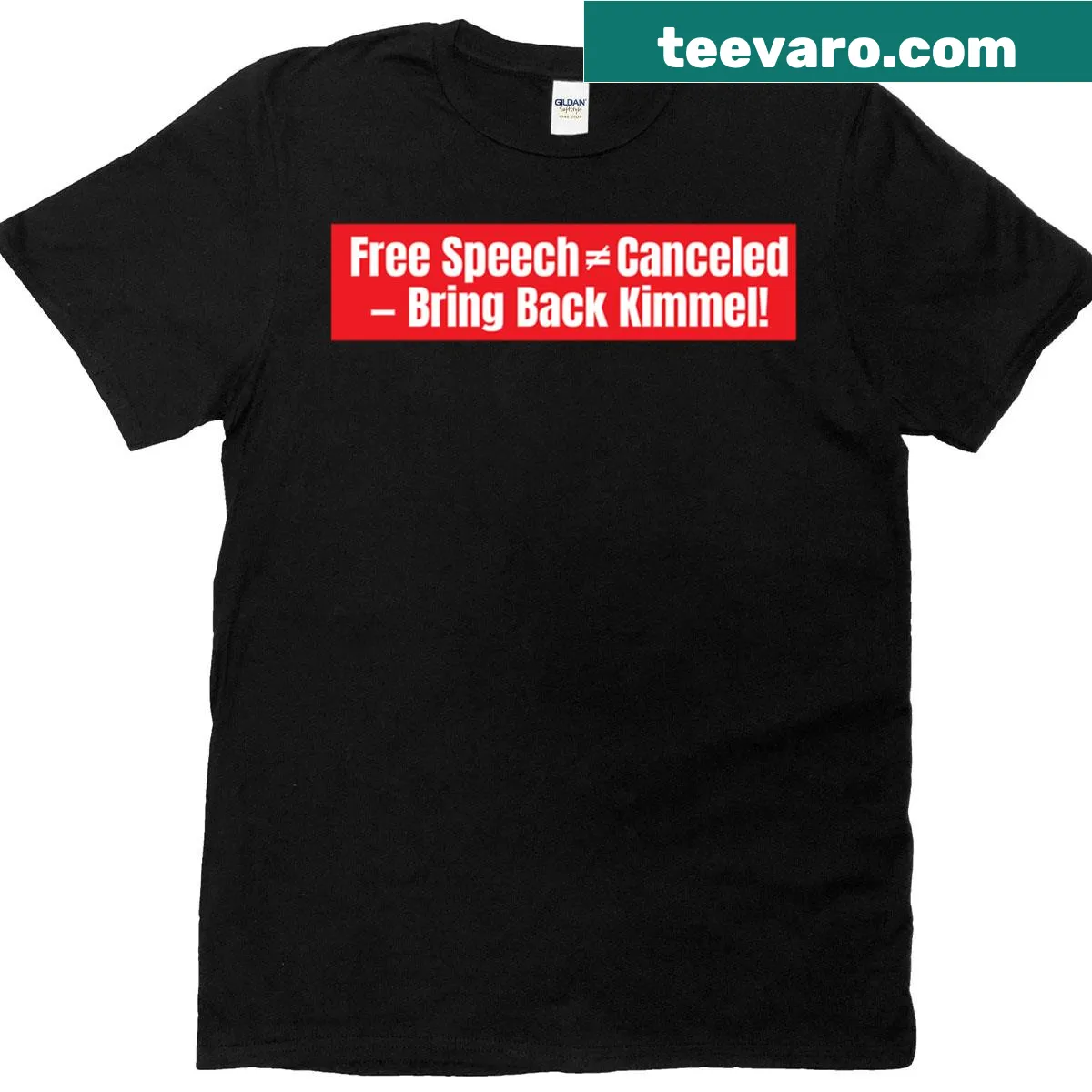 Graphic t-shirt featuring 'Free Speech Canceled Bring Back Kimmel' — on a men's t-shirt