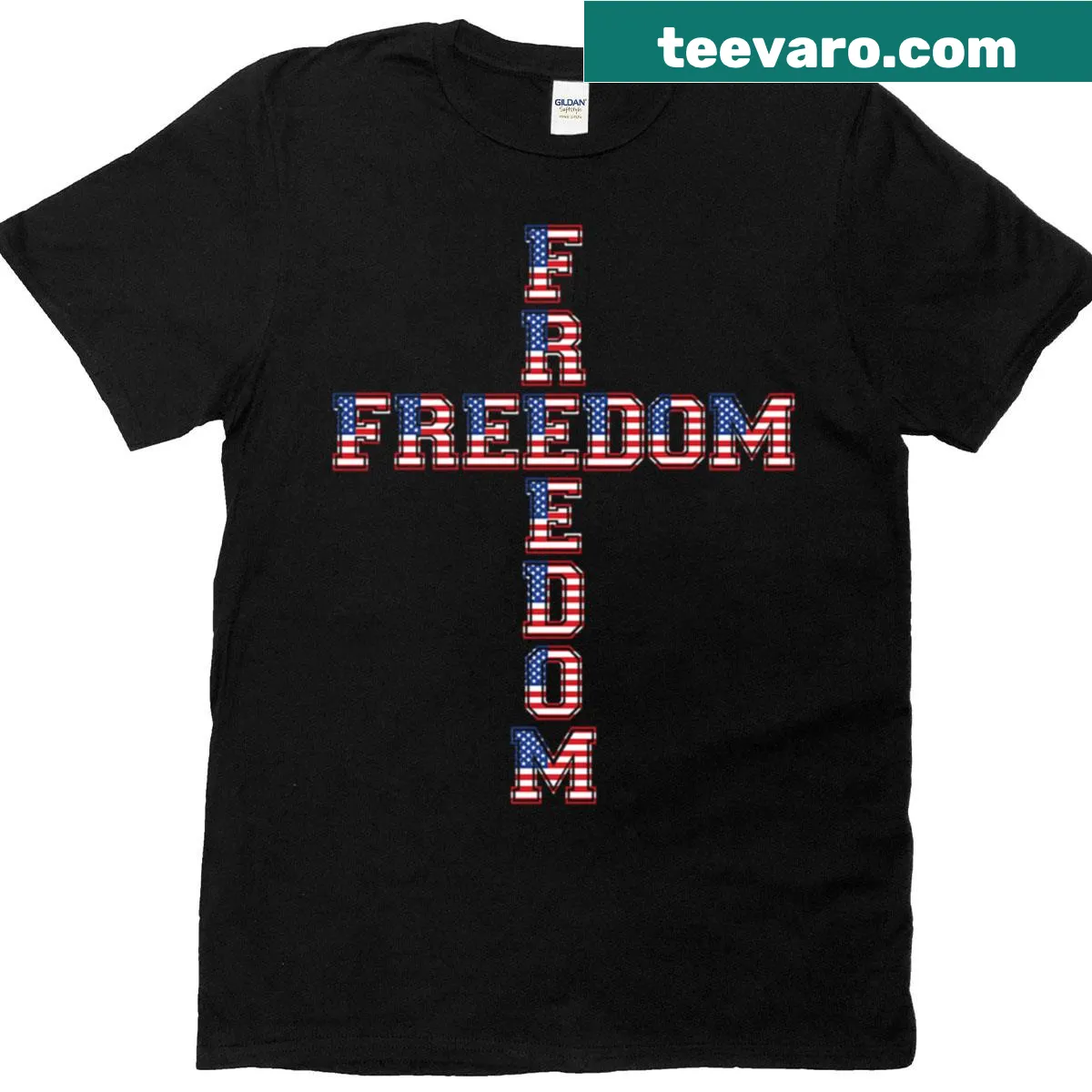 USA flag cross design on a patriotic protest t-shirt — on a men's t-shirt