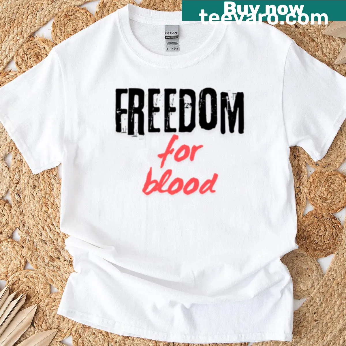 Powerful t-shirt featuring the phrase Freedom For Blood in strong typography. — on a men's t-shirt