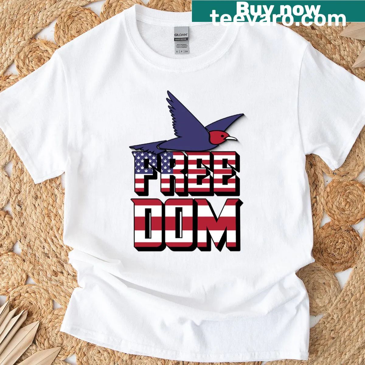 Illustrative design featuring a bird and freedom quote — on a men's t-shirt