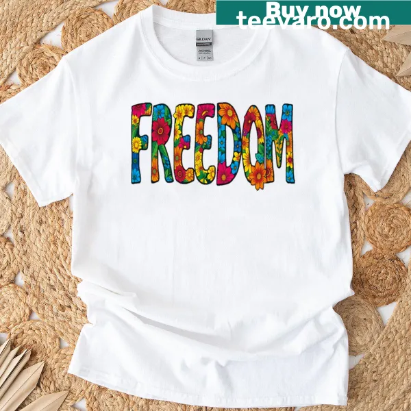 Whimsical floral illustration on a shirt promoting freedom