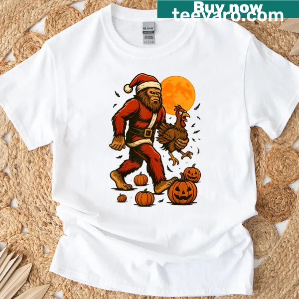 Cartoon-style t-shirt with Bigfoot in Santa suit and turkey