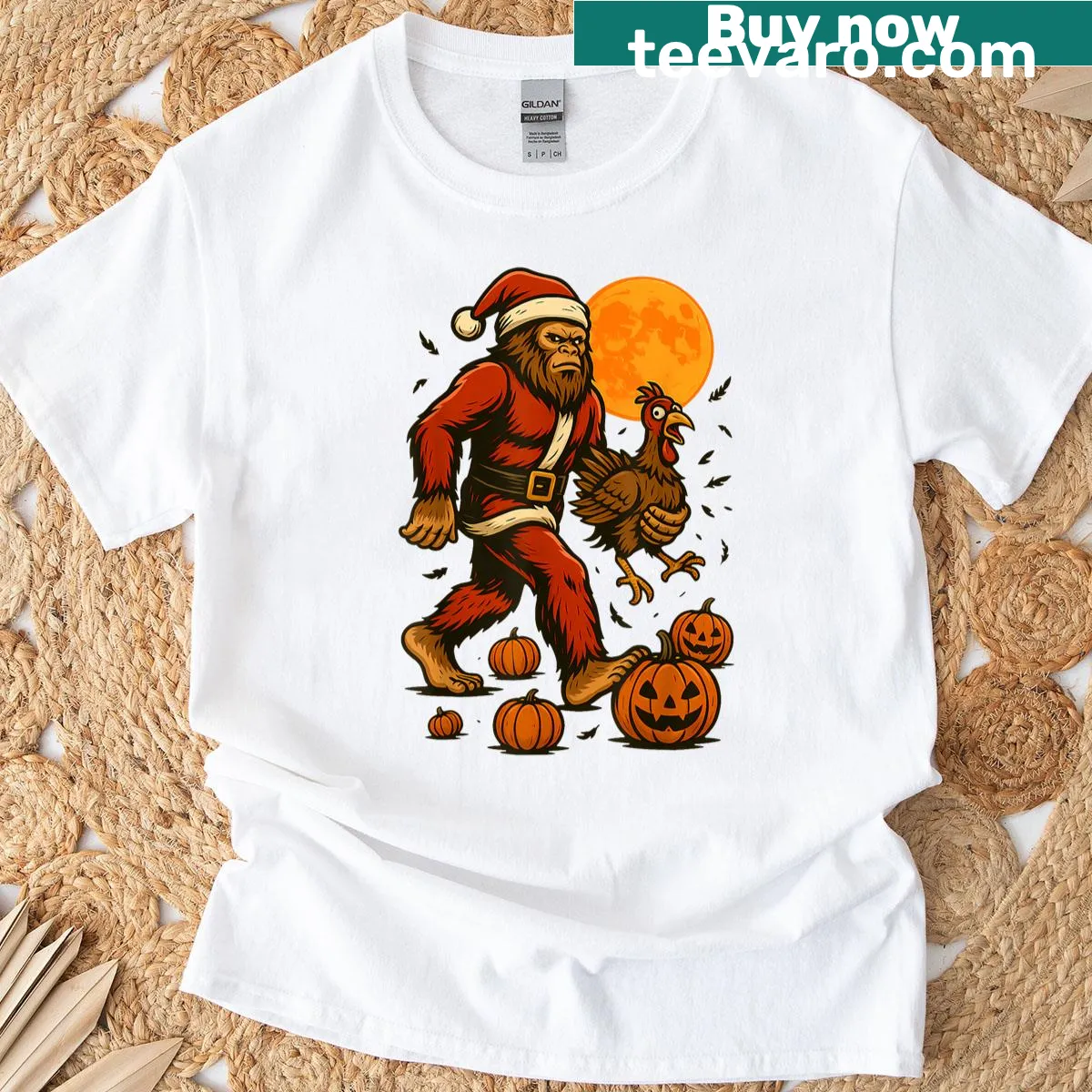 Cartoon-style t-shirt with Bigfoot in Santa suit and turkey — on a men's t-shirt