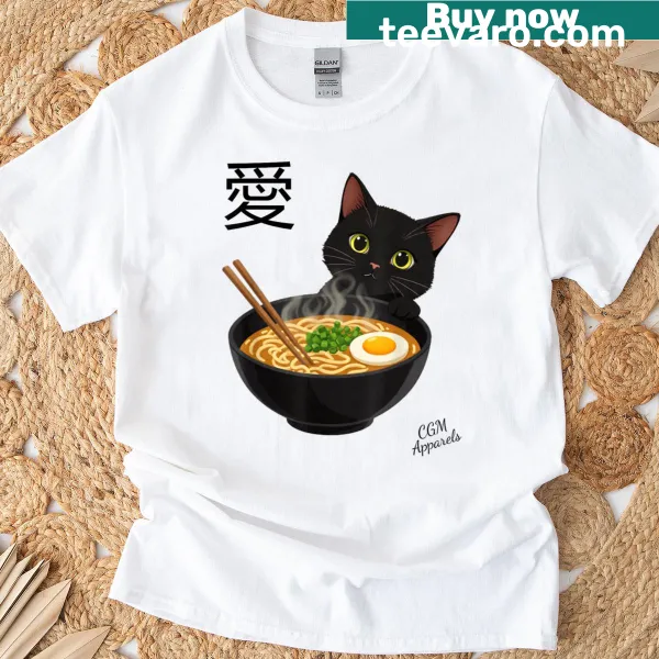 Cute shirt featuring a cat with ramen graphic
