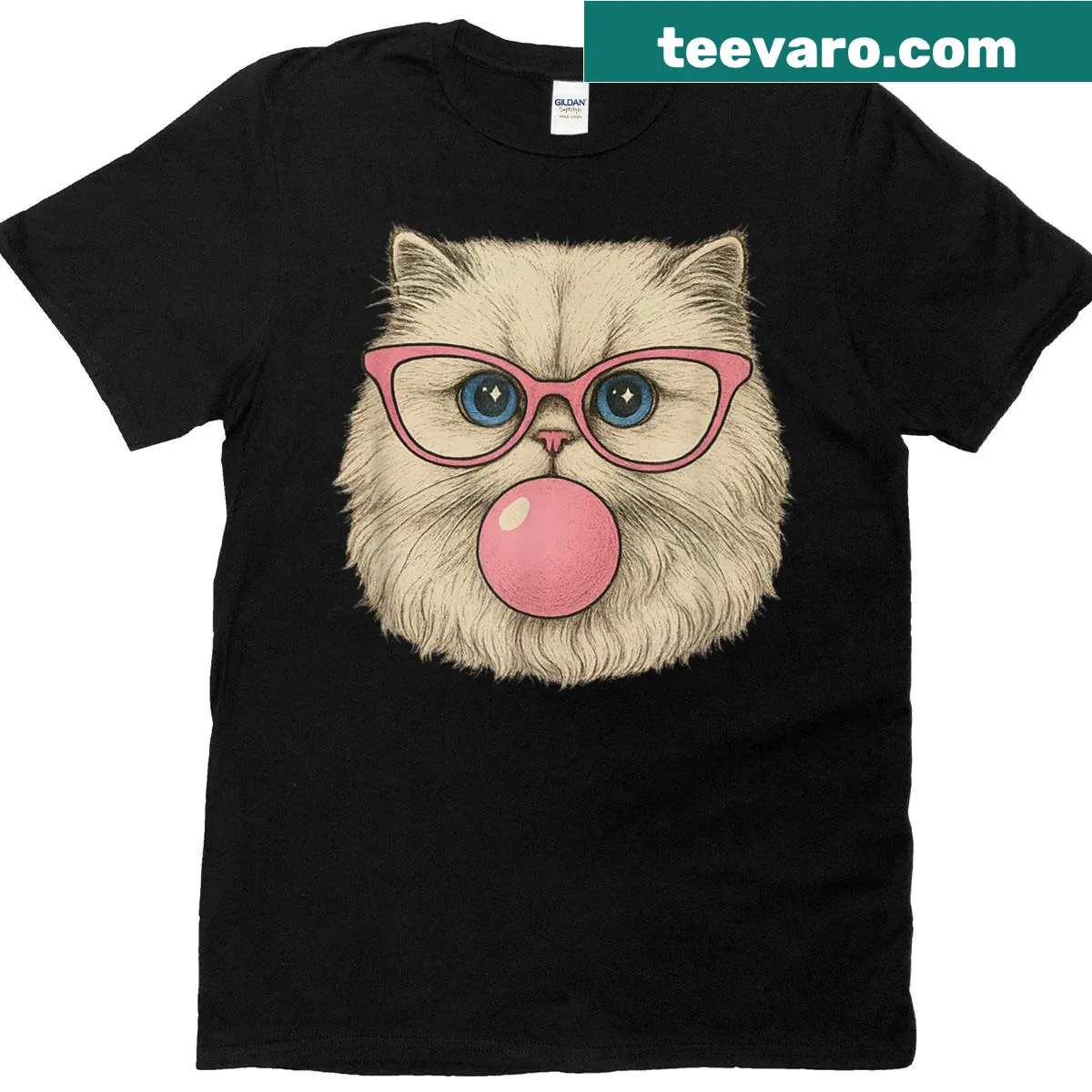 Retro T-shirt featuring a funny cat with pink glasses and bubble gum — on a men's t-shirt