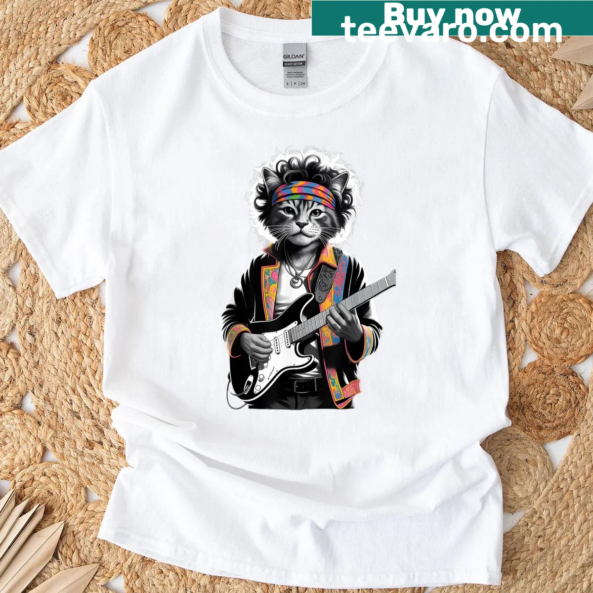 Vintage graphic t-shirt with a funny cat playing guitar — on a men's t-shirt