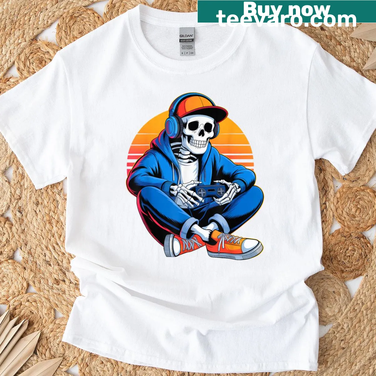 Funny gaming-themed Halloween t-shirt featuring a skeleton with a controller — on a men's t-shirt
