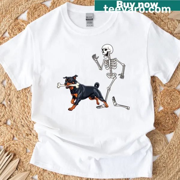 Funny Rottweiler and skeleton design on Halloween T-shirt