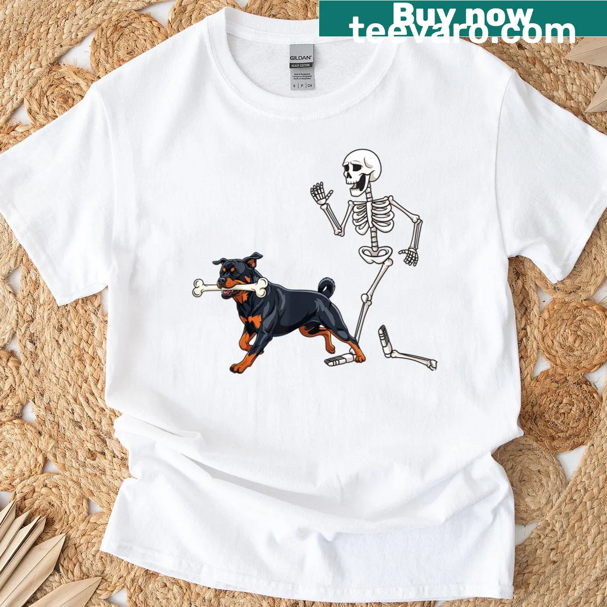 Funny Rottweiler and skeleton design on Halloween T-shirt — on a men's t-shirt