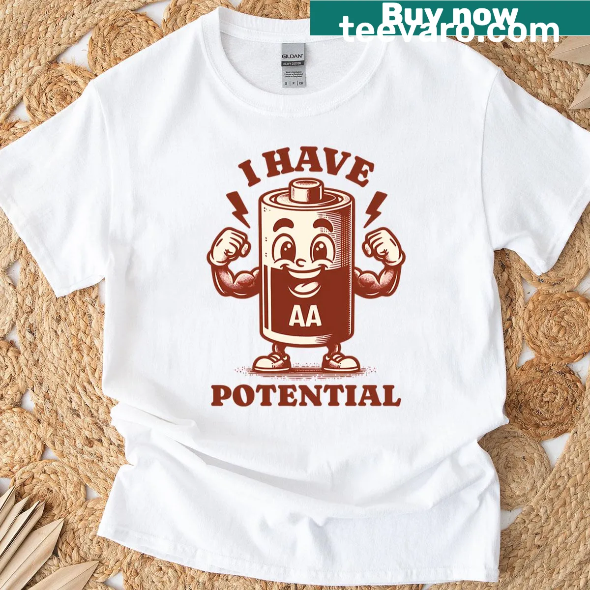 Witty physics shirt with 'I Have Potential' text design — on a men's t-shirt