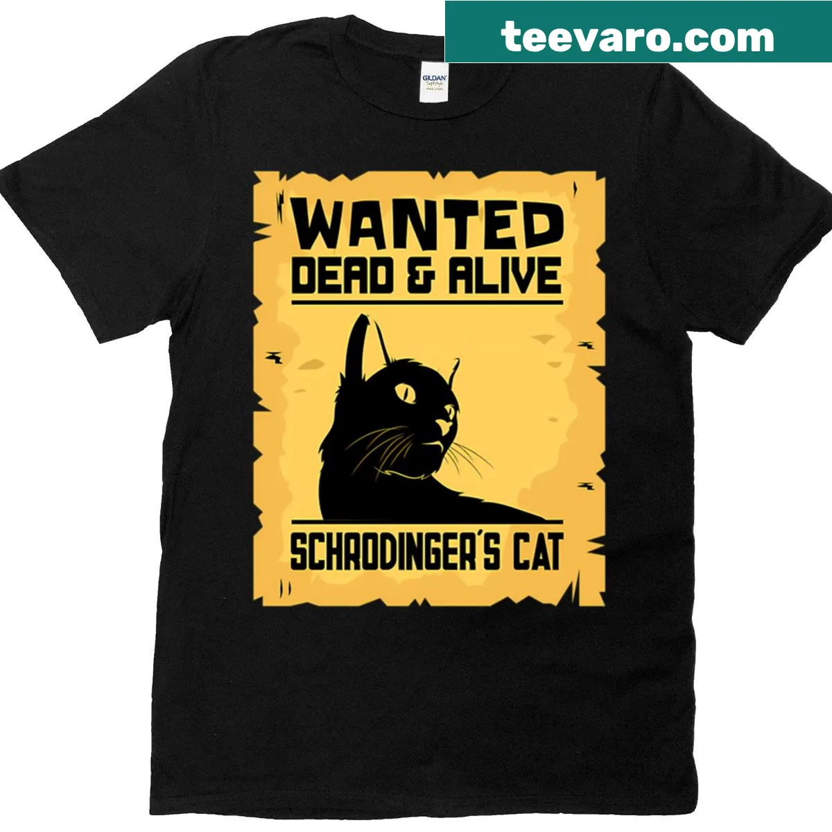 Schrödinger's Cat t-shirt with a humorous 'Wanted Dead And Alive' illustration — on a men's t-shirt