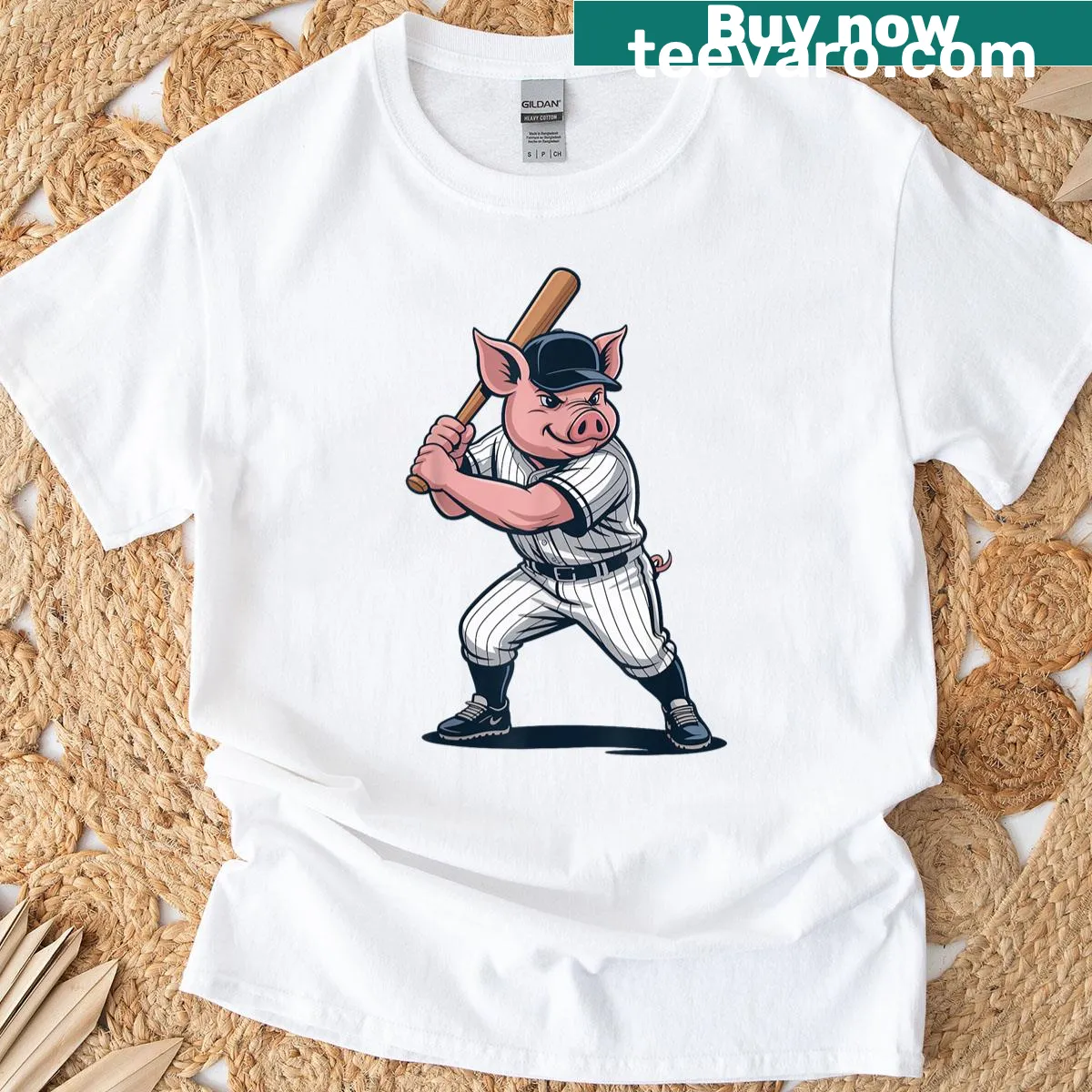 Cartoon pig playing baseball on a vintage style t-shirt — on a men's t-shirt