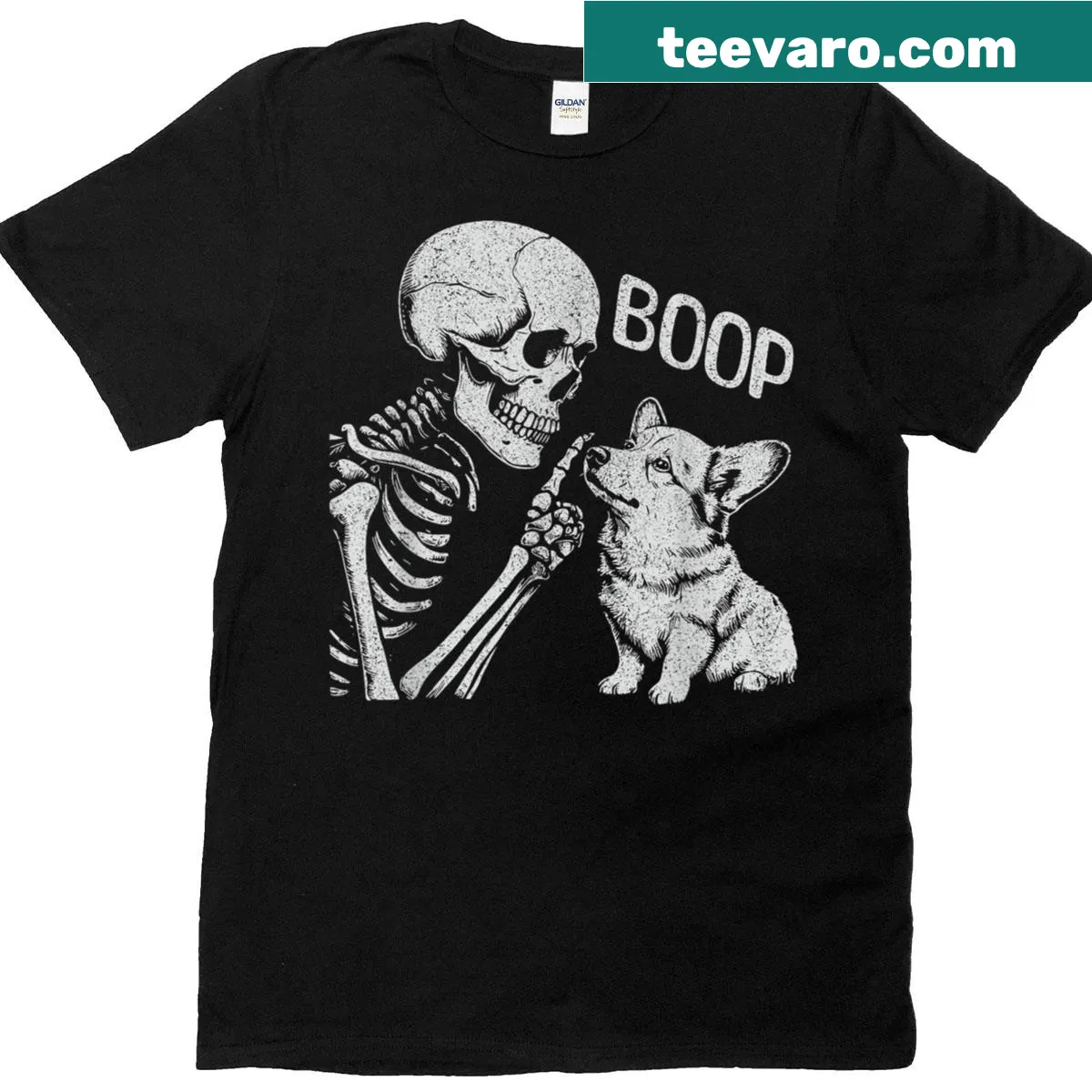 Corgi nose booping skeleton hand graphic on Halloween t-shirt — on a men's t-shirt