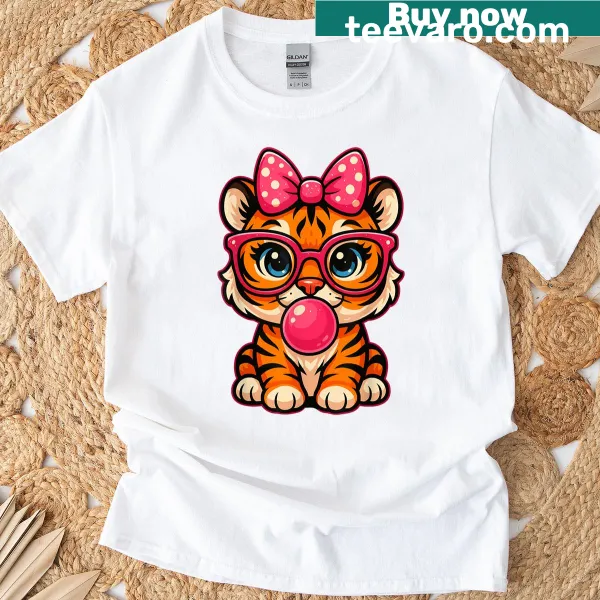 Cute tiger with glasses and bubble gum on a t-shirt