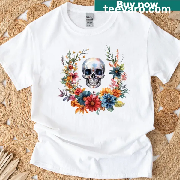 Vintage skeleton skull with flowers graphic for Halloween
