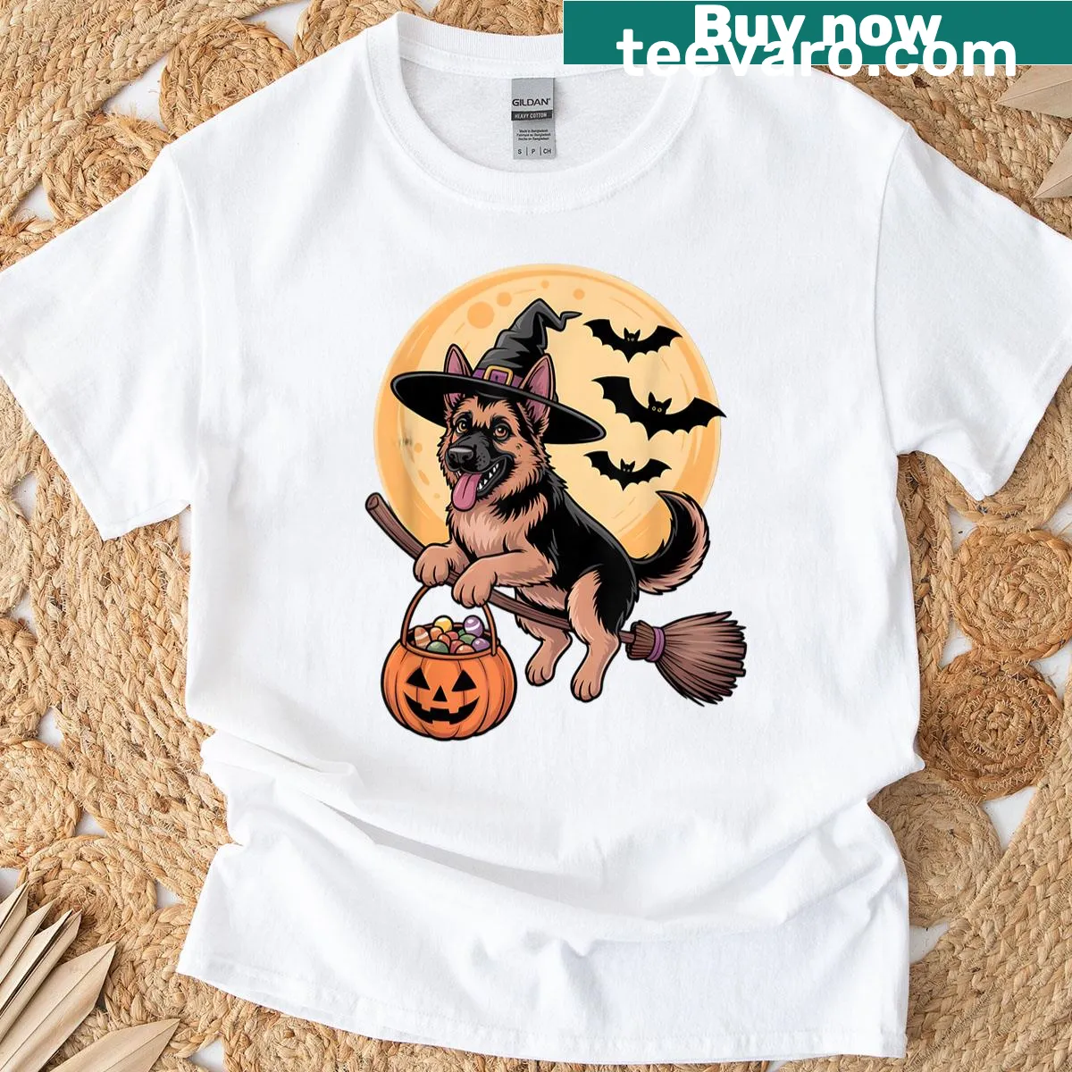 Vintage Halloween t-shirt featuring a German Shepherd with a witch hat — on a men's t-shirt