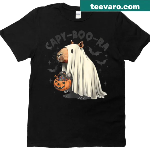 Halloween-themed T-shirt featuring a capybara ghost and pumpkin
