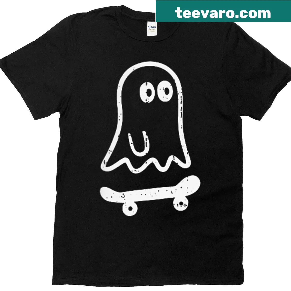 T-shirt featuring a ghost on a skateboard in a Halloween theme — on a men's t-shirt