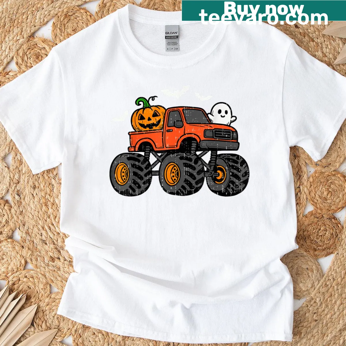 Cute ghost truck with pumpkins design for kids — on a men's t-shirt