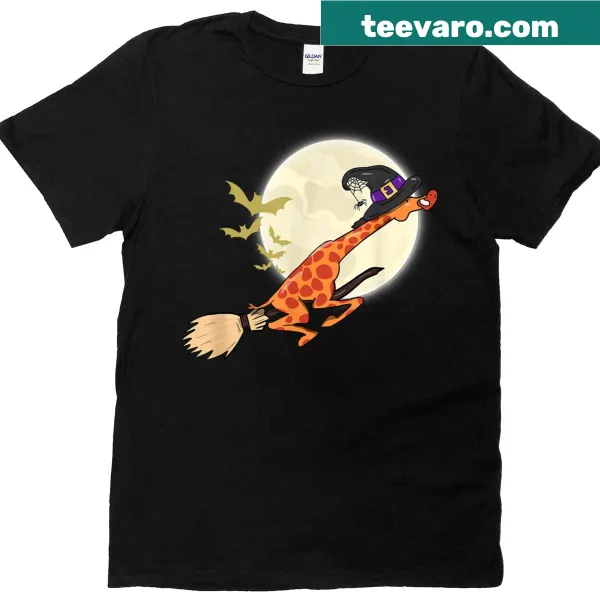 Giraffe wearing a witch hat riding a broomstick illustration