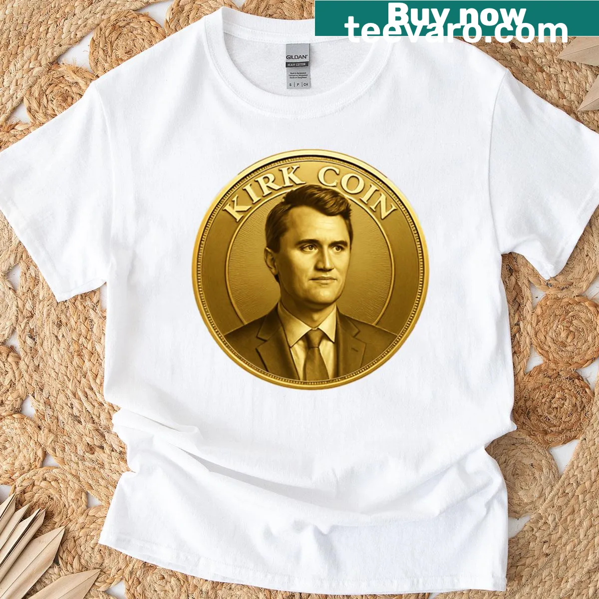 Parody graphic of a golden coin featuring Charlie Kirk's name. — on a men's t-shirt