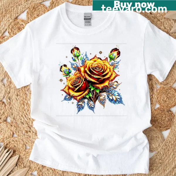 Artistic design featuring golden roses on a t-shirt