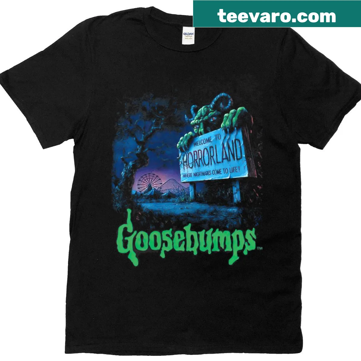 T-shirt featuring iconic imagery from Goosebumps Horrorland — on a men's t-shirt