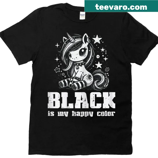 Cartoon goth unicorn t-shirt with the phrase 'My Happy Color'