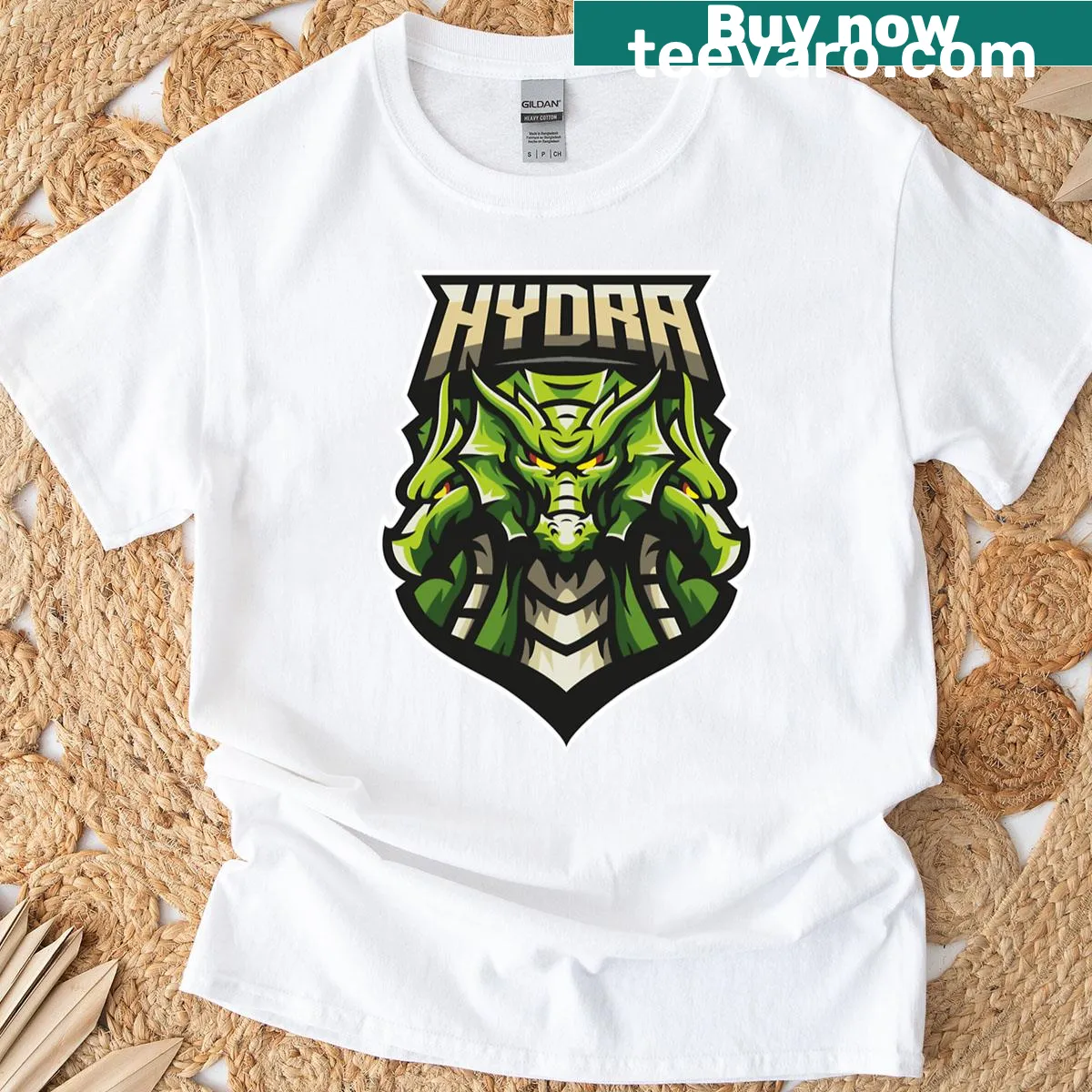 T-shirt featuring a green Hydra shield graphic — on a men's t-shirt