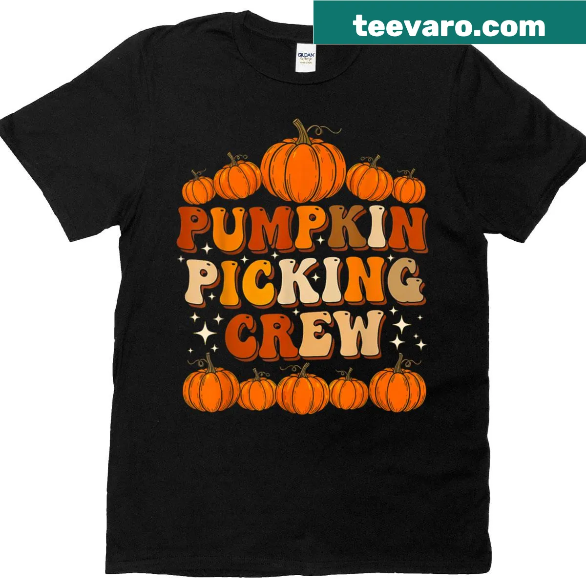 Matching family t-shirt with pumpkins and 'Groovy Pumpkin Picking Crew' text — on a men's t-shirt