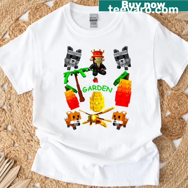Whimsical garden-themed t-shirt featuring a monkey and fruits