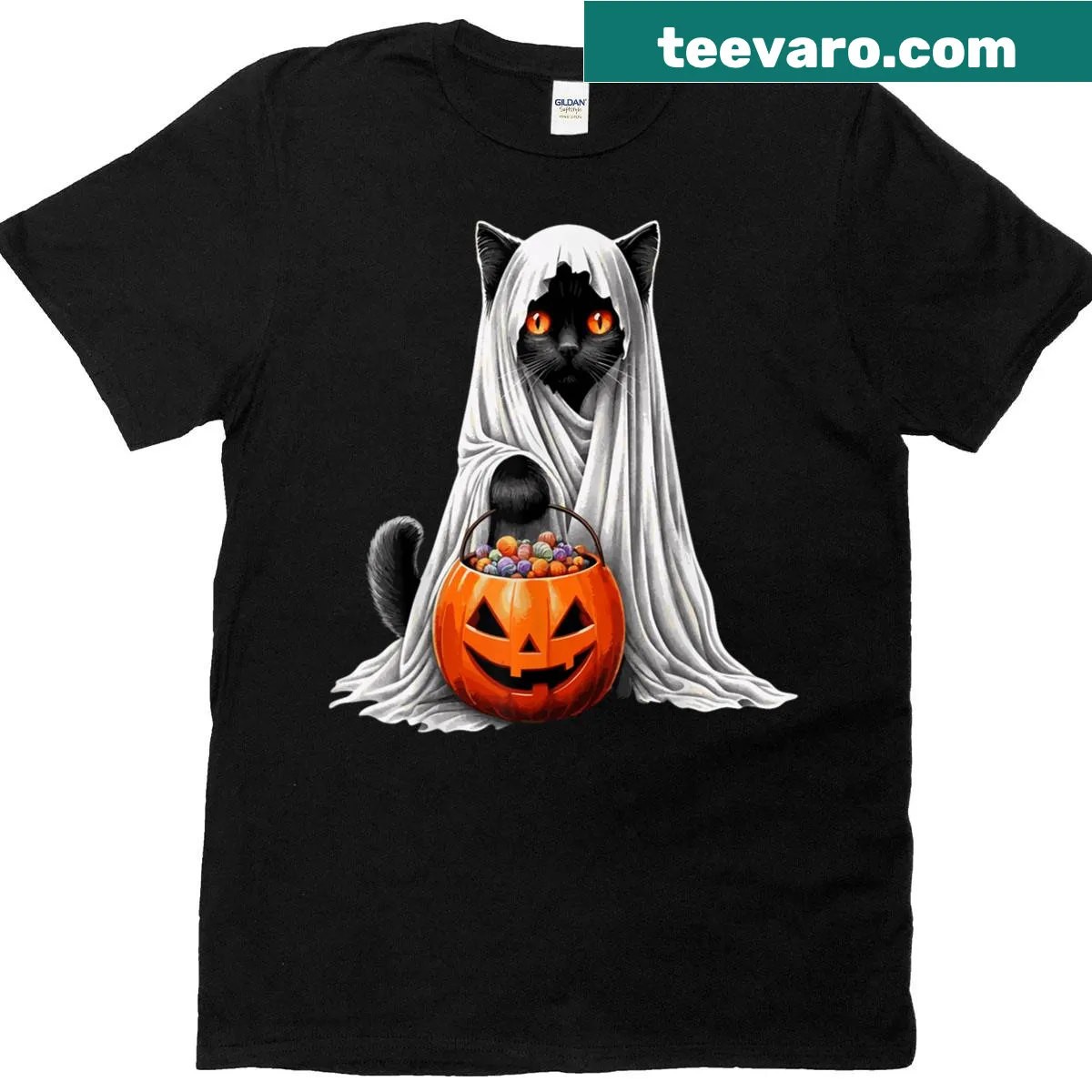Illustration of a black cat ghost next to a pumpkin on a Halloween t-shirt — on a men's t-shirt