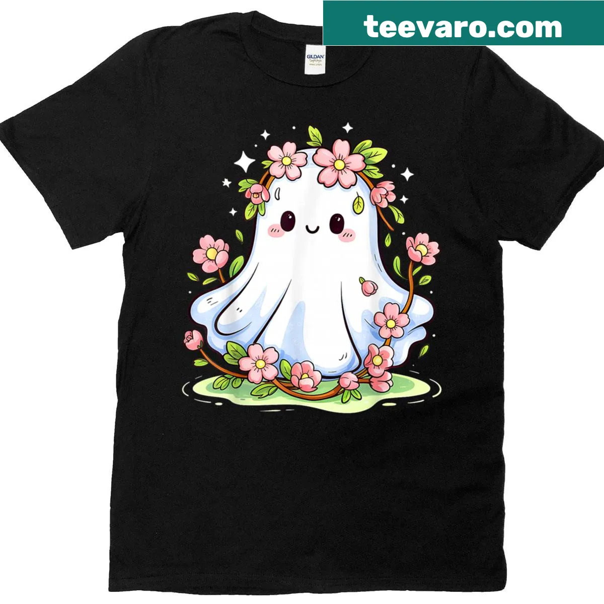 Floral ghost illustration Halloween t-shirt for women — on a men's t-shirt