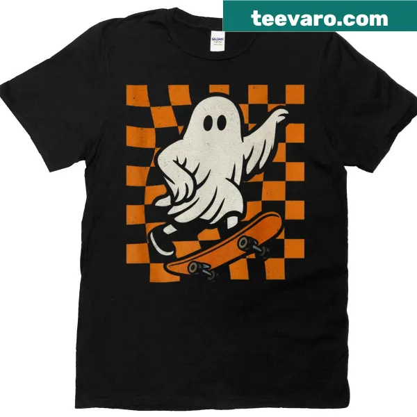 Ghost skateboard illustration on a vintage Halloween t-shirt
