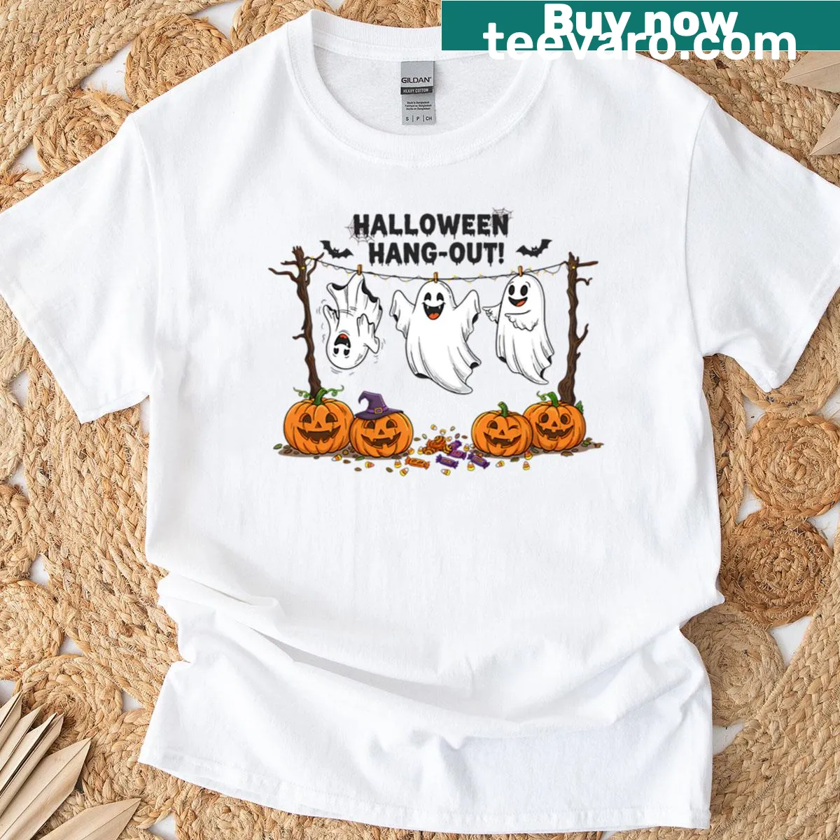 Cute cartoon ghosts design on a funny Halloween T-shirt — on a men's t-shirt