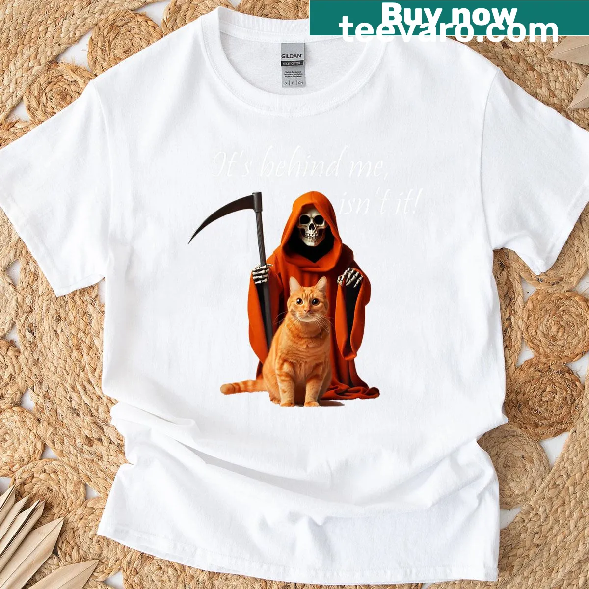Funny Halloween t-shirt featuring a reaper cat illustration — on a men's t-shirt