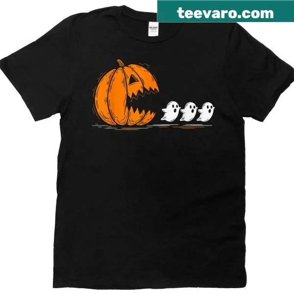 Funny T-shirt with cartoon ghosts eating pumpkins for Halloween