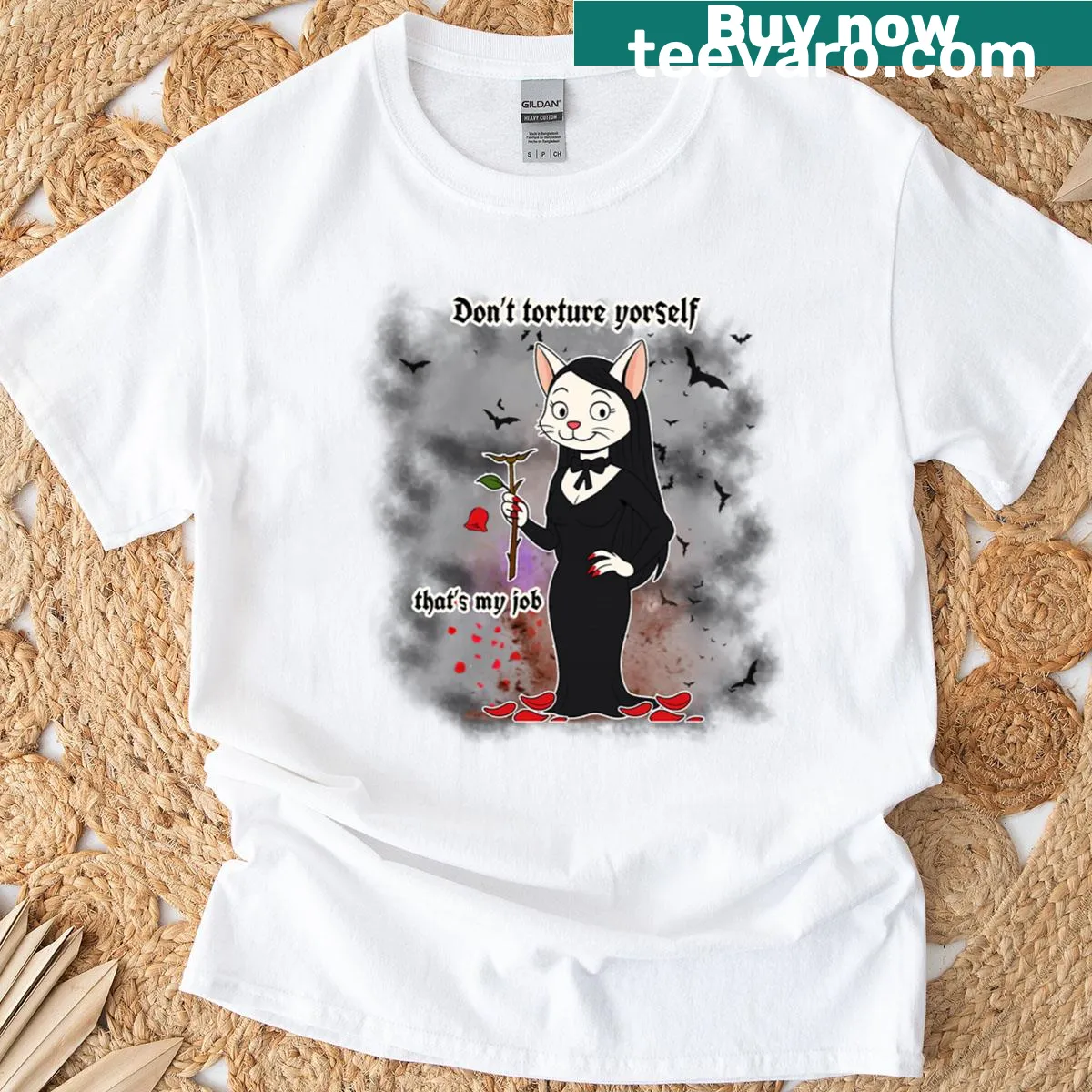 Halloween T-shirt featuring Morticia-inspired witch cat design — on a men's t-shirt