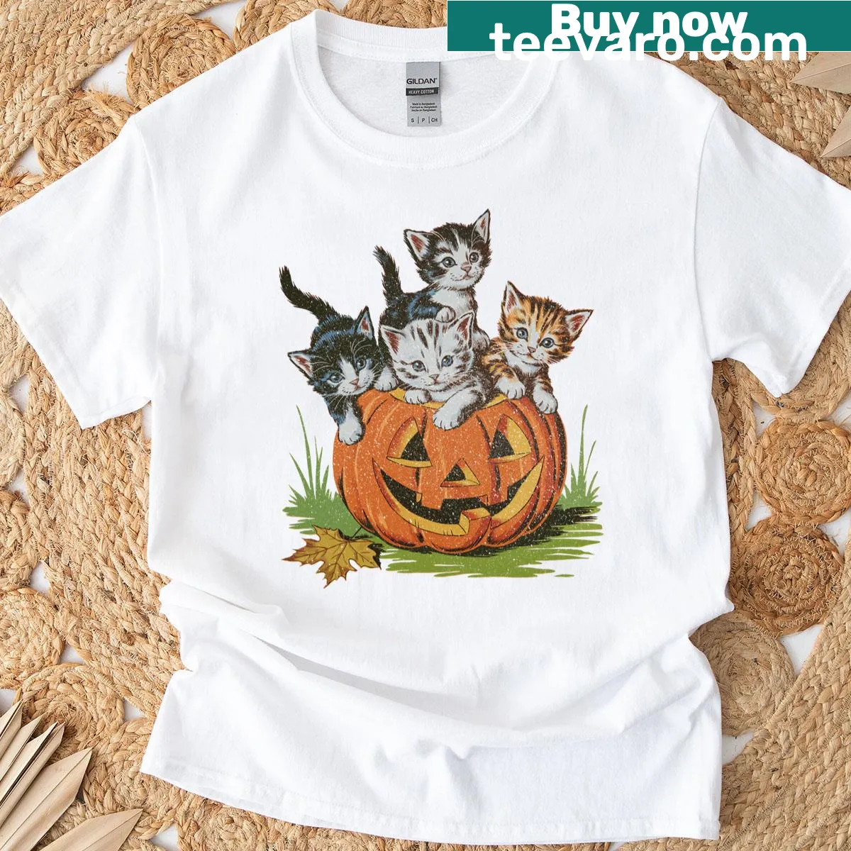Vintage 90s Halloween cat and pumpkin graphic tee — on a men's t-shirt
