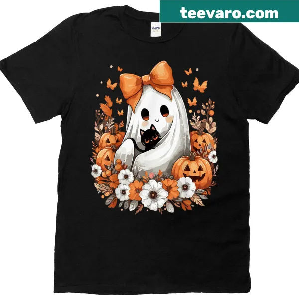 Vintage ghost T-shirt featuring a black cat, pumpkins, and flowers