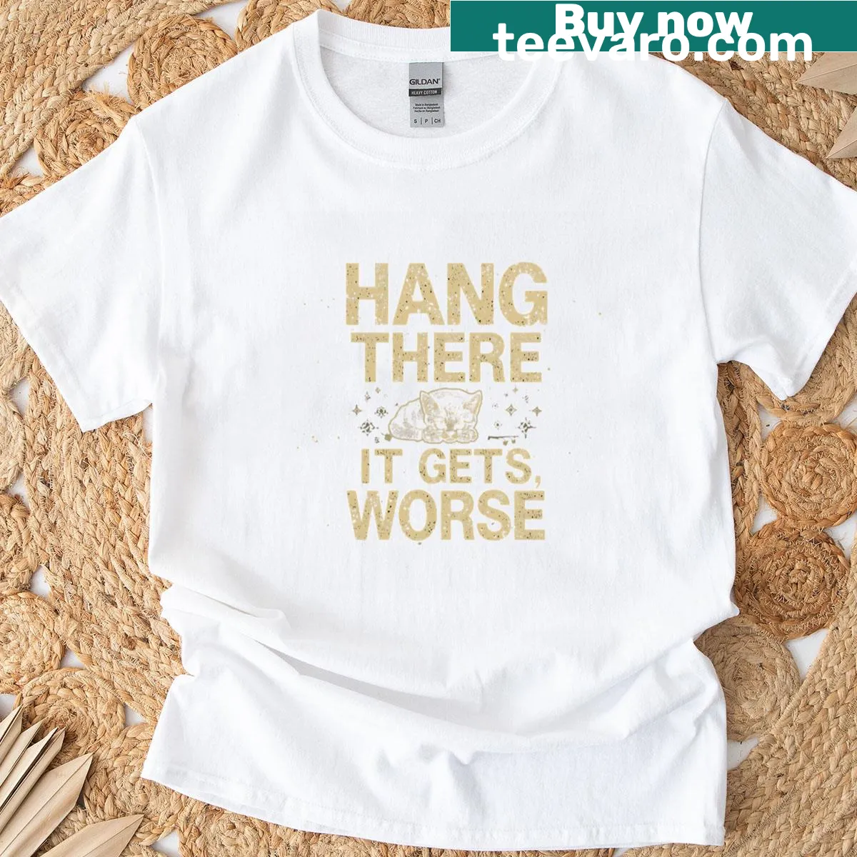 Sarcastic funny t-shirt with the phrase 'Hang in there, it gets worse' — on a men's t-shirt